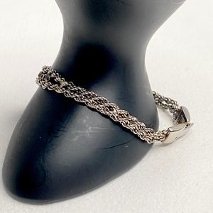 Silver Tone Double Chain Bracelet Sprial Strands Row Of Small Clear Rhinestones